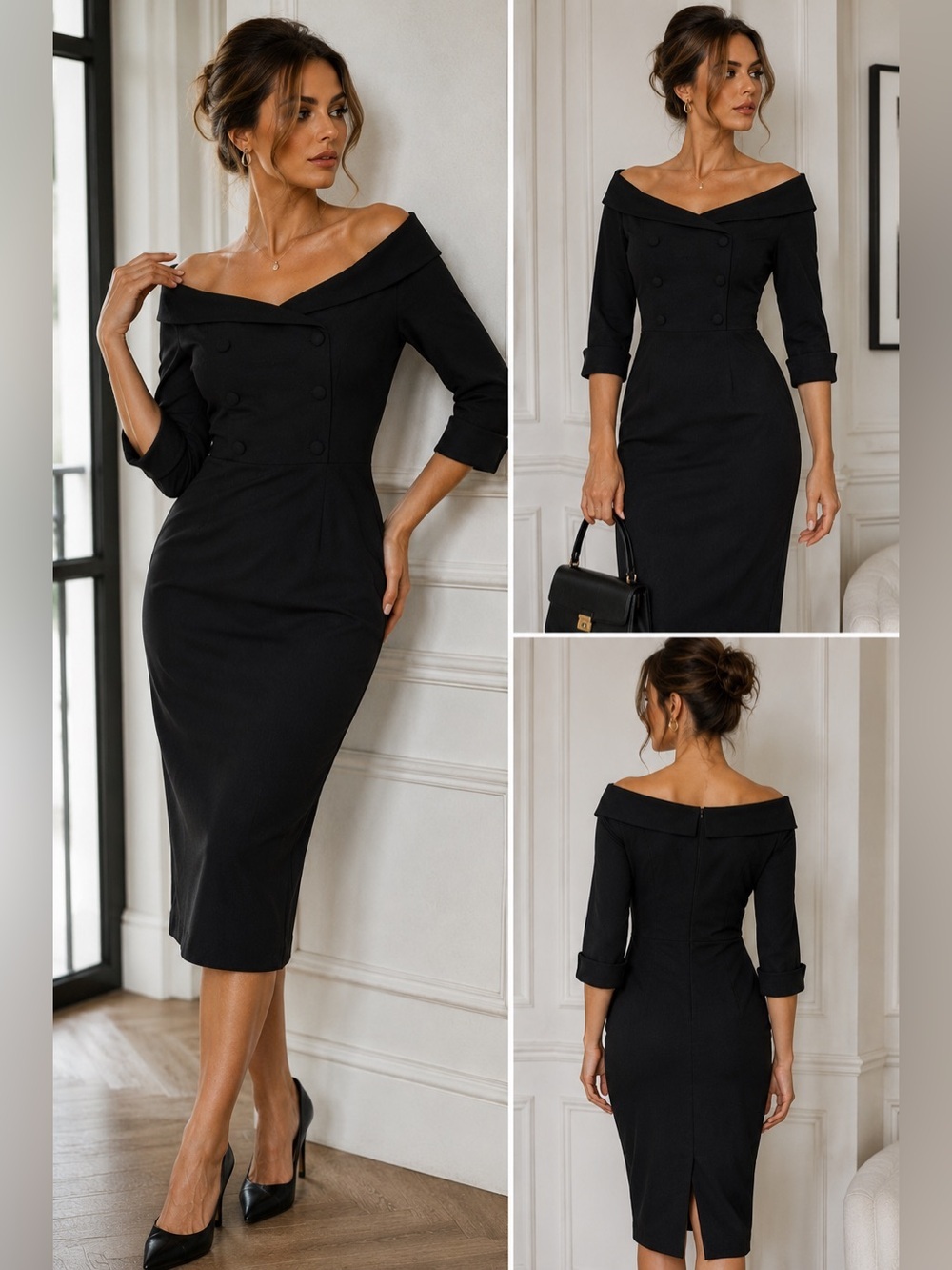 MUXXN Black Vintage-Inspired Off-Shoulder Wiggle Pencil Dress L